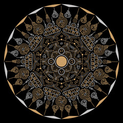 Yantra mandala design from Asian and Buddhism religious beliefs that inherited from ancient. Applied as a circular pattern graphic design. Meaning of alchemy, good luck, invincible worship, fortune.