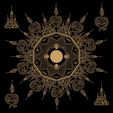 Vector illustration of Asian and Buddhism believes of ancient traditional oriental talismans applied in a circular pattern. Meaning of luck, prevent danger, progress in life, and respect of Buddhists.