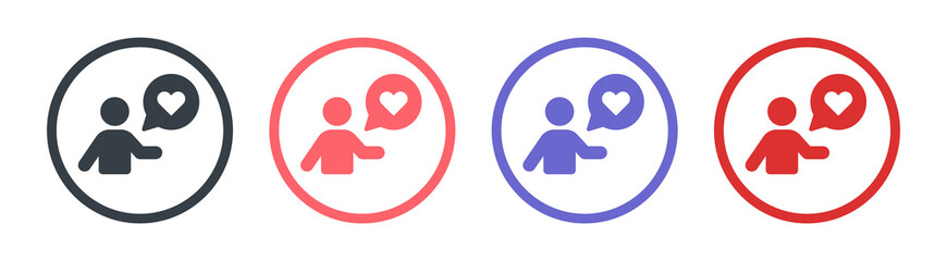 User with speech bubble icon, heart symbol. Romantic message sign.