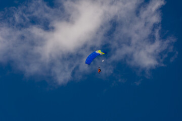 Obraz na płótnie Canvas blue paraglider soars against the blue sky