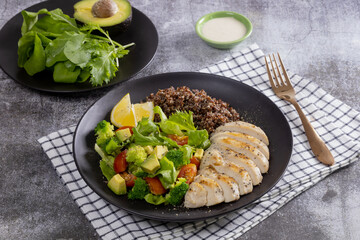 Keto Salad. Chicken grilled fillet with salad fresh tomatoes and avocado. Healthy food,