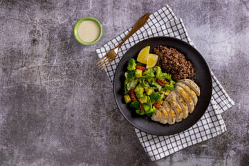 Keto Salad. Chicken grilled fillet with salad fresh tomatoes and avocado. Healthy food,