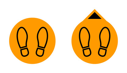 Set of Round Wait Here and Keep Your Distance Social Distancing Floor Marking Sticker Icons with Shoe Print or Footstep Signs. Vector Image.