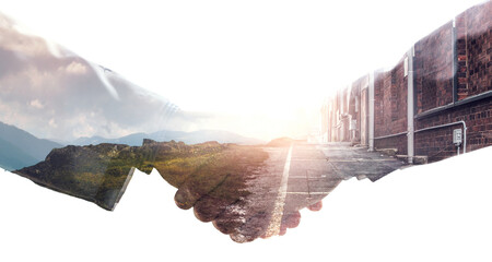 Partnership concept. Image of handshake . Mixed media