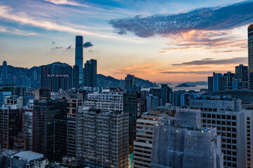 Central area of Hong Kong cityscape at dusk.