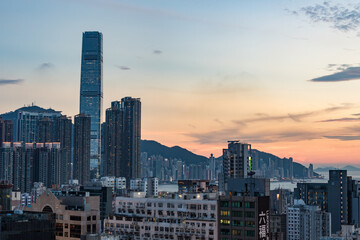 Central area of Hong Kong cityscape before sunset.
