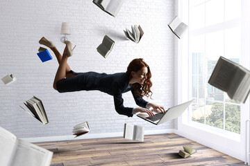 Joyful beautiful young levitating businesswoman. Mixed media - obrazy, fototapety, plakaty