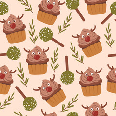 Merry christmas cute reindeer cupcake pop seamless pattern for fabric, linen, textiles and wallpaper