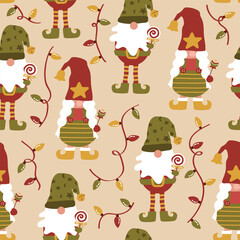 Merry christmas gnomes elf lights seamless pattern for fabric, linen, textiles and wallpaper