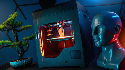 3d printer at work on a bonsai tree table. 3d printer prints head, advertising photo blue and orange light