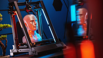 3D printer at work. 3d printer prints head, advertising photo blue and orange light