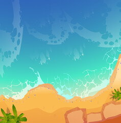 Fototapeta na wymiar Summer on the beach. Palms and plants around. Cartoon vector illustration. Summer vacation on the seashore background design