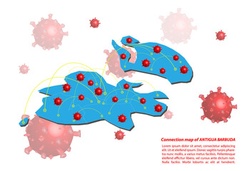 Vector of map connection of Antigua Barbuda with Covid-19 Virus image on it, the COVID-19 outbreak spread. the official name by WHO for 2019 Corona Virus that originally came from Wuhan, China.