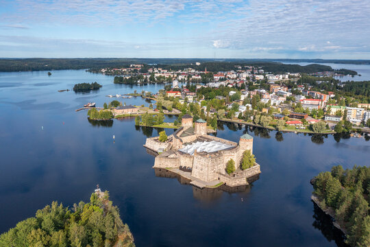 Aerial drone view of the historical stone castle Olavinlinna in Savonlinna, Finland.