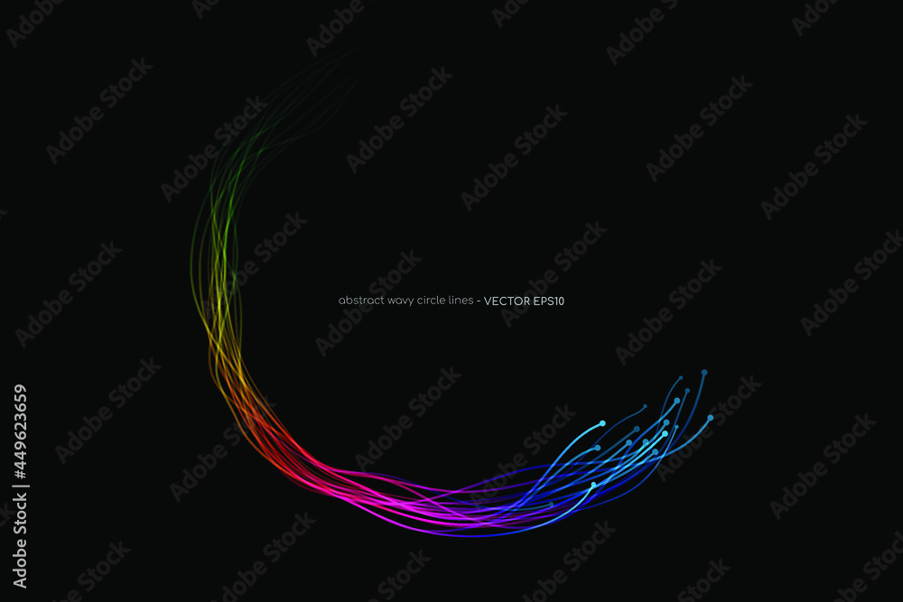 Aufkleber Abstract wavy dynamic spectrum light lines circle swirl round frame isolated on black background in concept technology, neural network, neurology, science, music.