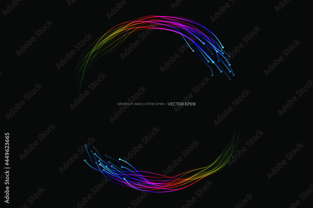 Aufkleber Abstract wavy dynamic spectrum light lines circle swirl round frame isolated on black background in concept technology, neural network, neurology, science, music.