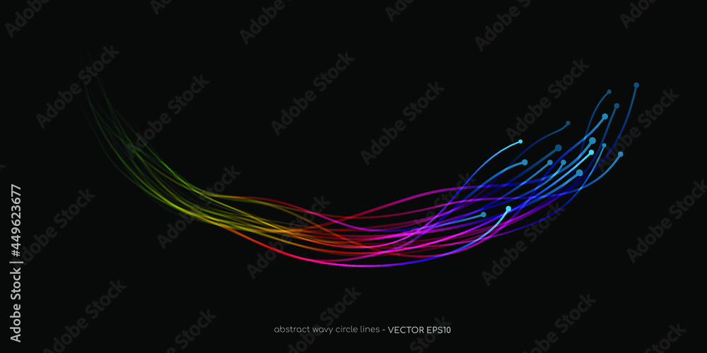 Aufkleber Abstract wavy dynamic spectrum light lines circle swirl round frame isolated on black background in concept technology, neural network, neurology, science, music.