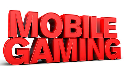 Mobile gaming word made from red isolated on white background. 3d illustration.