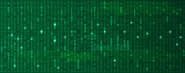 Abstract technology science binary code vector green background.Digital data and secure concept with number 0 and 1 and glow light.