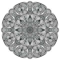 folk style mandala with flowers and ornaments on a white background for coloring, vector