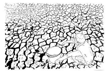 Vector Manual Draw Sketch, Sitting Man and Bucket at Crack Land