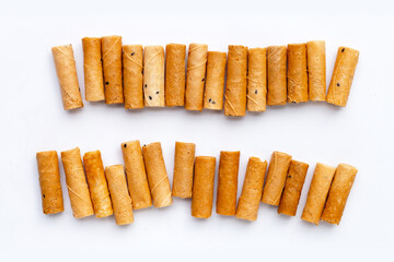 Thai crispy coconut rolls on white