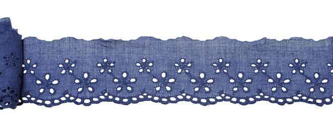 Blue cotton embroidered lace isolated on white