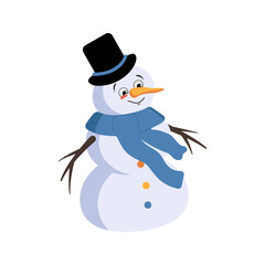 Cute Christmas snowman with joyful emotions, smile face, happy eyes, arms and legs. Joyful New Year festive decoration with kind expression