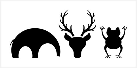 Stencil animals isolated on white. Elephant, eik, flog clipart. Vector stock illustration. EPS 10