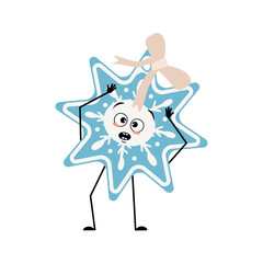 Cute Christmas snowflake with emotions in a panic grabs his head, surprised face, shocked eyes, arms and legs. Joyful New Year festive decoration with scared expression