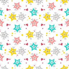 Cute seamless pattern with enamoured stars with happy faces, joyful eyes, arms and legs. Print with characters, couple with hearts