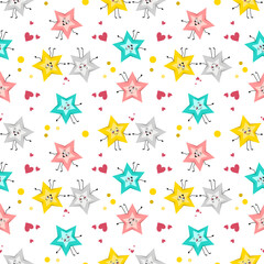 Cute seamless pattern with enamoured stars with happy faces, joyful eyes, arms and legs. Print with characters, couple with hearts