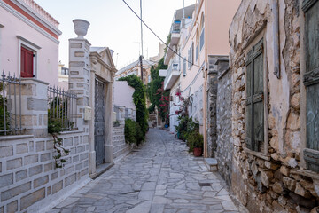 Empty cobblestone alley stonewall houses fresh plants at Syros island Greece.