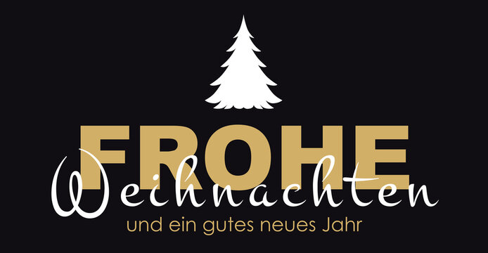 Schriftzug Frohe Weihnachten gold mit wei&szlig;em Tannenbaum, luxuri&ouml;s, kalligrafie, filigran