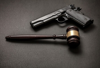 Judge gavel and a 9mm pistol on black background,