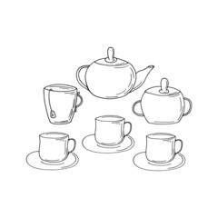 teapot and cups hand drawn set. vector graphics in doodle hygge style. Kettle, tea, coffee. sugar, teabag