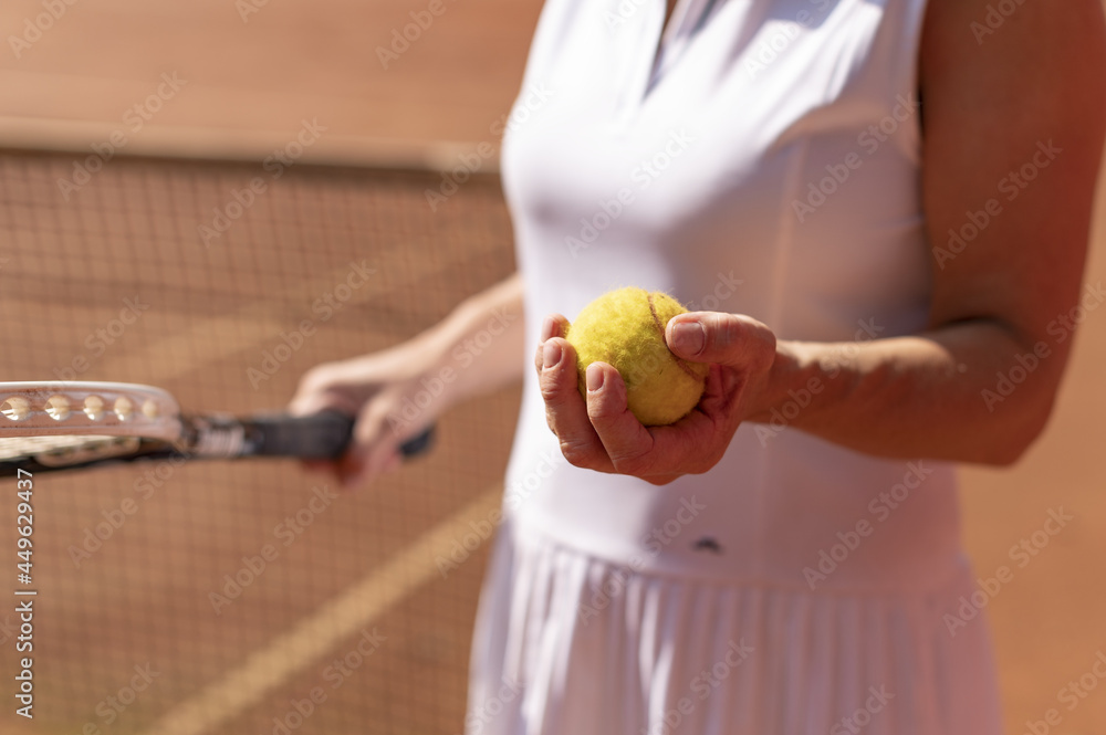 Poster closeup shot of a female tennis player holding a tennis ball and a racket with white sports