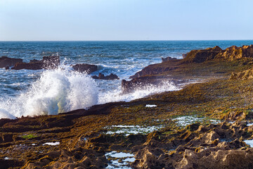 Beautiful view of the Atlantic Ocean in the area of the city of Essaouira in Morocco on a sunny summer day.