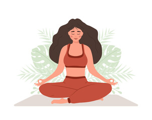 Abdominal breathing. Woman practicing belly breathing for good relaxation. Breath awareness yoga exercise. Meditation for body, mind and emotions. Spiritual practice. Flat cartoon vector illustration.