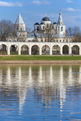 Fototapeta na wymiar View of Yaroslav courtyard on a sunny April day. Veliky Novgorod, Russia