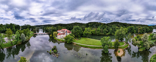 Aerial Panorama Otocec Castle on Krka River in Slovenia