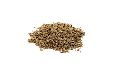 Pile of brown cumin seeds on isolated white background