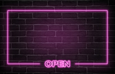 open neon sign. pink glow. neon text. Brick wall lit by neon lamps. Night lighting on the wall. Trendy Design. light banner, bright advertisement