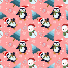 Cute penguin and snow man wear Christmas hat in winter seamless pattern.