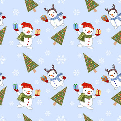 Cute snow man and gift with Christmas tree in winter seamless pattern.