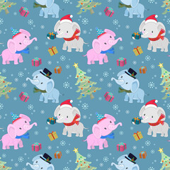 Cute elephant with gift and Christmas tree seamless pattern.