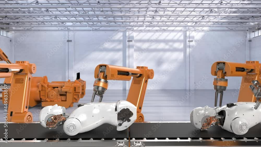 Poster 3d rendering robot assembly line producing cyborg in factory 4k footage