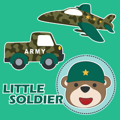 Vector cartoon illustration with animal soldier. Creative vector childish background for fabric, textile, nursery wallpaper, poster brochure, Vector illustration background.