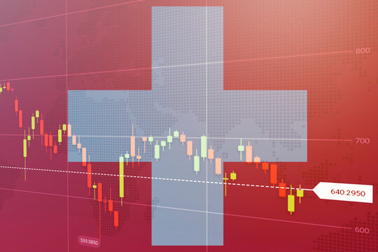 Virtual financial graph on flag of the Switzerland flag. Forex and investment concept. Multi-exposure of financial graph chart and Swiss national flag - Powered by Adobe