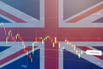 Virtual financial graph on flag of Germany. Forex and investment concept. Multiexposure. Graph falling down over Germany flag. Crisis concept